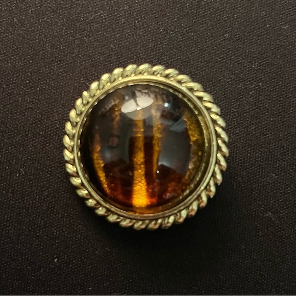 Vintage W. Germany Tiger's Eye Amber Scarf Clip Glass Cabochon Marked - Picture 1 of 3
